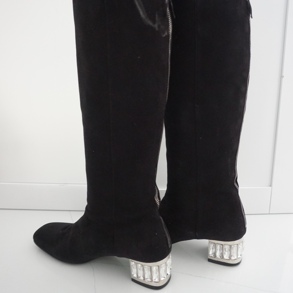 Miu Miu Black Suede Crystal Heel Knee Hight Designer Boots
